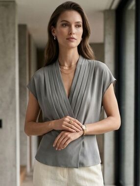 Banana Republic 100% Silk Blouse Grey Surplice Pleated Top Quiet Luxury S Small